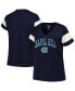 ფოტო #1 პროდუქტის Women's Heather Navy North Carolina Tar Heels Plus Size Arched City Sleeve Stripe V-Neck T-shirt