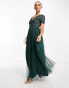 Maya Bridesmaid short sleeve maxi tulle dress with tonal delicate sequins in emerald green