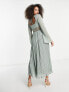 ASOS DESIGN pleated maxi dress with lace insert waist and fluted sleeves in sage