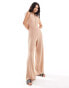 ONLY button through ribbed jersey wide leg jumpsuit in beige