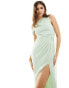 Фото #4 товара TFNC Bridesmaid chiffon fallen shoulder maxi dress with drape detail in fresh mint