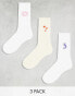 Monki 3 pack ankle socks in white with multi colour embroidery motifs