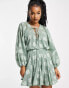 ASOS DESIGN Petite plunge mini dress with godet skirt in sage green