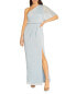 Adrianna Papell Metallic Crinkle Mesh One Shoulder Gown Skyway Blue 14