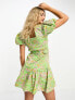 Miss Selfridge cotton flax belted frill hem mini dress in green floral