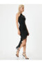 Mini Tül Abiye Elbise Taşlı Fırfırlı Halter Yaka Gül Detaylı Drapeli Slim Fit