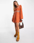 ASOS DESIGN long sleeve button down waisted mini dress with floral embroidery in rust Красный, 36 - фото #1