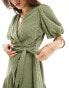 YAS broderie wrap mini dress in green - KHAKI