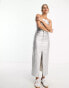 Pull&Bear metallic denim split midi skirt co-ord in silver