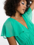 Фото #2 товара ASOS DESIGN flutter sleeve v neck pleat mini dress in emerald green