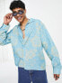 COLLUSION festival linen look branded long sleeve hibiscus summer shirt in blue