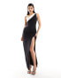 Фото #1 товара Vesper monochrome contrast satin thigh spilt maxi dress in black