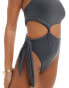 ASOS DESIGN one shoulder cut out swimsuit with tie detail in slate grey