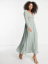 ASOS DESIGN pleated maxi dress with lace insert waist and fluted sleeves in sage