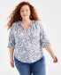 Фото #1 товара Plus Size Printed Gathered V-Neck Top, Created for Macy's