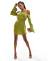 Фото #3 товара ASOS DESIGN off shoulder halter neck mini dress with curved hem and hardware detail in green