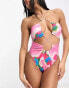 Фото #2 товара ASOS DESIGN ruched keyhole halter neck swimsuit in pink abstract smudge print