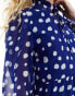 Wednesday's Girl tie neck tiered midi polka dot dress in blue