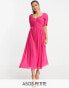 Фото #1 товара ASOS DESIGN Petite ruched front pleated midi dress with shirred waist in chevron dobby in hot pink