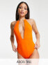 Фото #1 товара ASOS DESIGN Tall gold necklace trim plunge swimsuit in bright orange