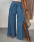 Women's Checkered Blue Wide Leg Split Hem Pants