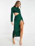 ASOS DESIGN Satin drape front midi dress with side cut out waist detail in dark green