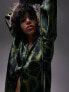 Topshop long sleeve oversized satin abstract animal print shirt in green