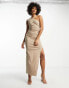 ASOS DESIGN Tall – Figurbetontes Midikleid in Camel aus Bengaline mit One-Shoulder-Träger, Hals umwickelndem Riemendesign und Schlitz