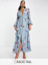 Фото #1 товара ASOS DESIGN Tall shirred waist button through midi tea dress with all over embroidery in dusty blue