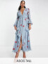 ASOS DESIGN Tall shirred waist button through midi tea dress with all over embroidery in dusty blue