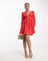 Фото #8 товара Urban Revivo long sleeve v neck crinkle mini dress in red