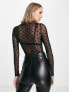 Фото #2 товара ASOS DESIGN Petite mesh long sleeve dobby polka dot flock bodysuit in black