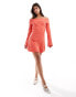 Фото #3 товара Pieces off the shoulder ribbed mini dress with lettuce edge detail in red