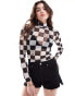 Фото #1 товара HUGO Blue long sleeve high neck mesh top in checkerboard