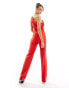 Vesper satin trim one shoulder wide leg jumpsuit in red