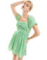 French Connection puff sleeve mini dress with gathered bust in green spot