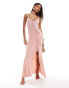 Фото #1 товара ASOS DESIGN sheer mesh corset detail cami maxi dress with ruffle split in blush pink