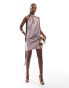 Rare London satin halterneck fringe drape mini dress in mauve Сиреневый, 40 - фото #4