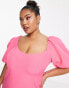 Фото #6 товара ASOS DESIGN Curve puff sleeve midi dress with asym neck line in hot pink