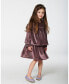 Little Girls Long Sleeve Metallic Dress With Frills Burgundy - Toddler|Child