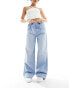 Stradivarius pleat front wide leg jean in light wash blue