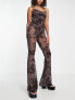 ASOS DESIGN Tall mesh cowl neck cross back jumpsuit in flocked floral