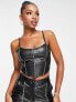 Фото #7 товара Miss Selfridge diamonte trim faux leather corset top in black co-ord