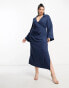 ASOS DESIGN Curve flute sleeve collared wrap midi dress with gathers in blue