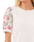 Women's Floral Mixed Media Short Puff Sleeve Knit Top