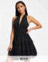 Фото #2 товара Miss Selfridge Petite broderie halter wrap mini dress in black