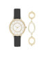 Women's Analog Black Strap Watch 34mm with Gold-Toned Cubic Zirconia Crystal Bracelet Gift Set