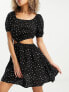 Esmee Exclusive beach square neckline mini summer dress with cut out detail in black polka dot