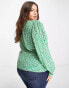 Mango curve v neck blouse in green print