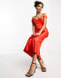 Rare London – Midikleid in Rot mit Bardot-Ausschnitt und Korsettdetail